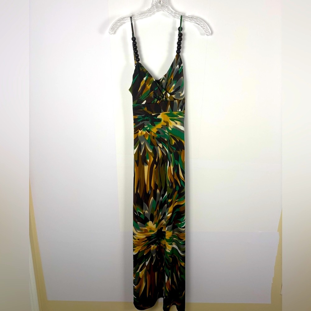 Abstract Safari Green Yellow Beaded Strap Tie Waist Maxi Dress Size Medium